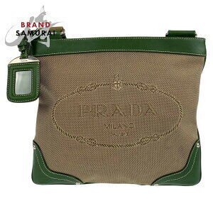 PRADA logo jacquard canvas leather messenger bag Beige Tan green